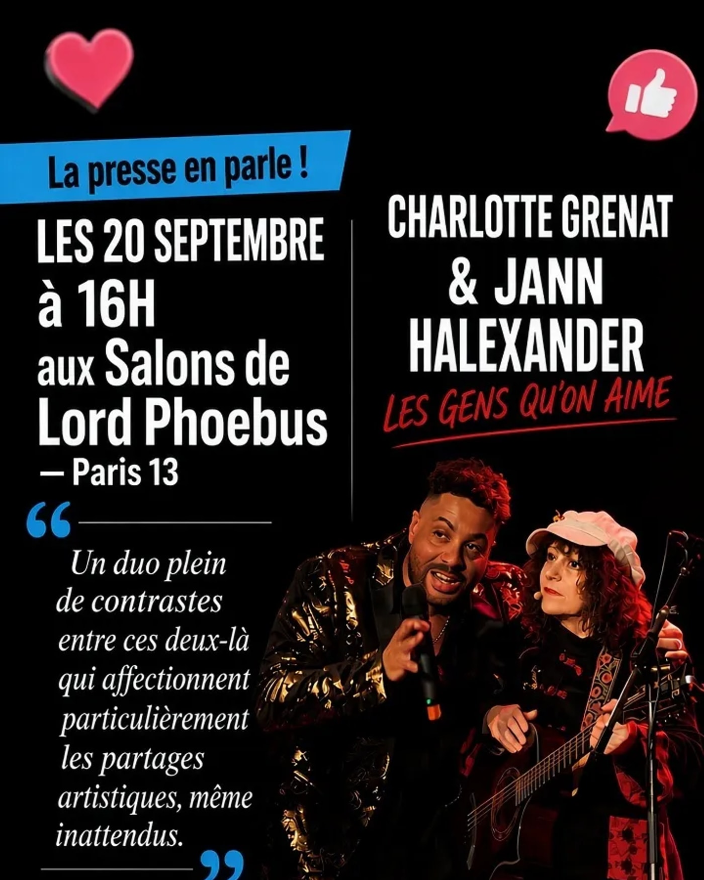 Affiche du Konzert Charlotte Grenat et Jann Halexander 'Les gens qu'on aime' aux Salons de Lord Phoebus