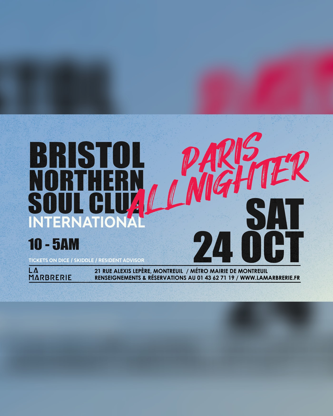 Affiche du concert Bristol Northern Soul Club Paris Allnighter, La Marbrerie