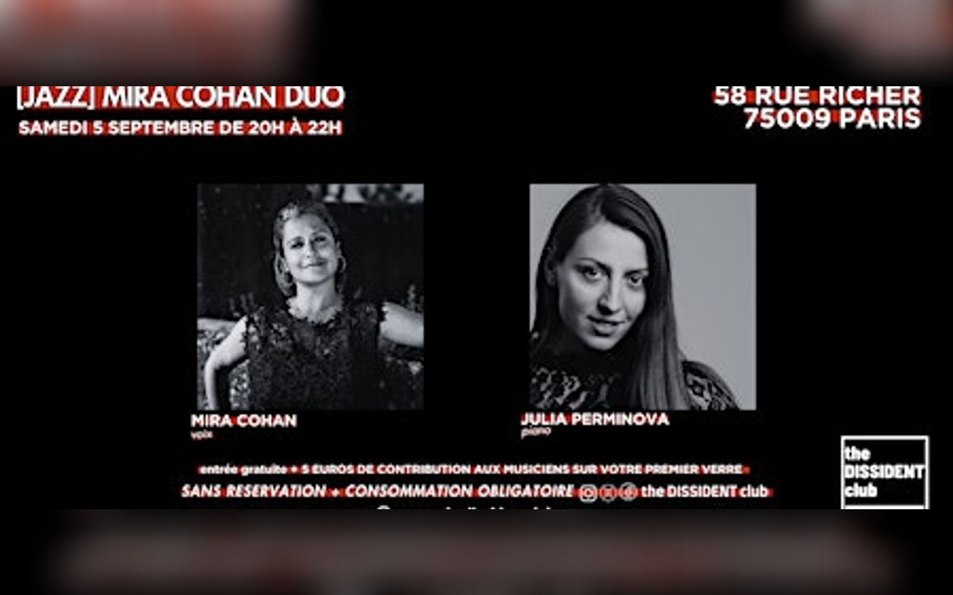 Affiche du concert [JAZZ] Mira Cohan Duo, The Dissident Club
