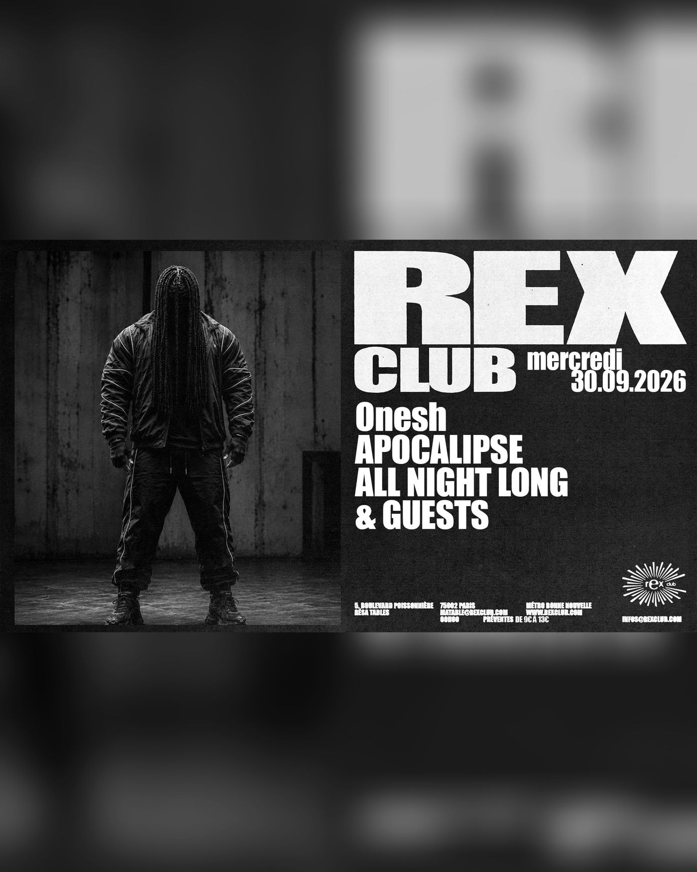 Affiche du Konzert Onesh — Apocalipse All Night Long & Guests, Rex Club