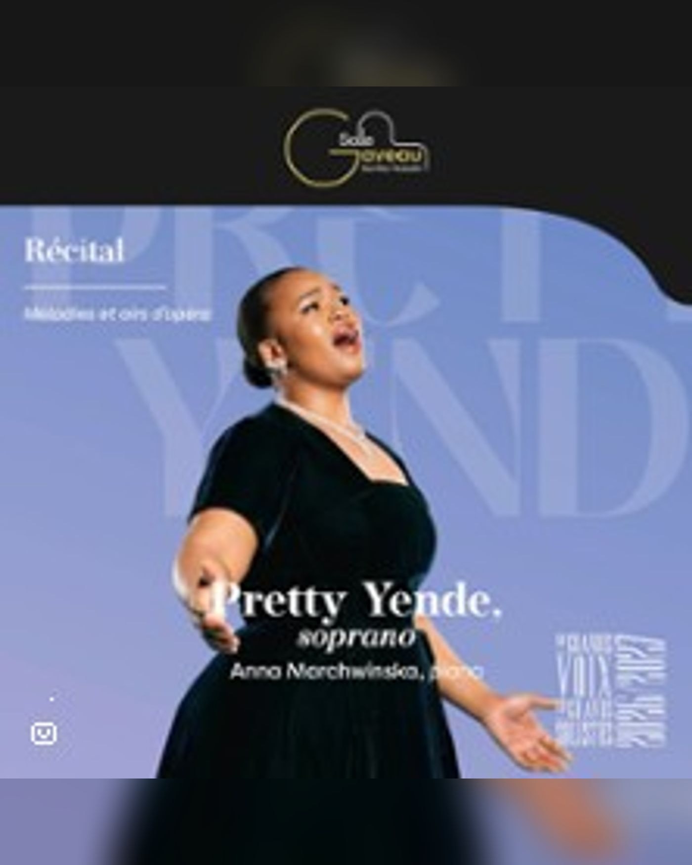 Affiche du concerto Pretty Yende – Mélodies et airs d’opéra, Salle Gaveau
