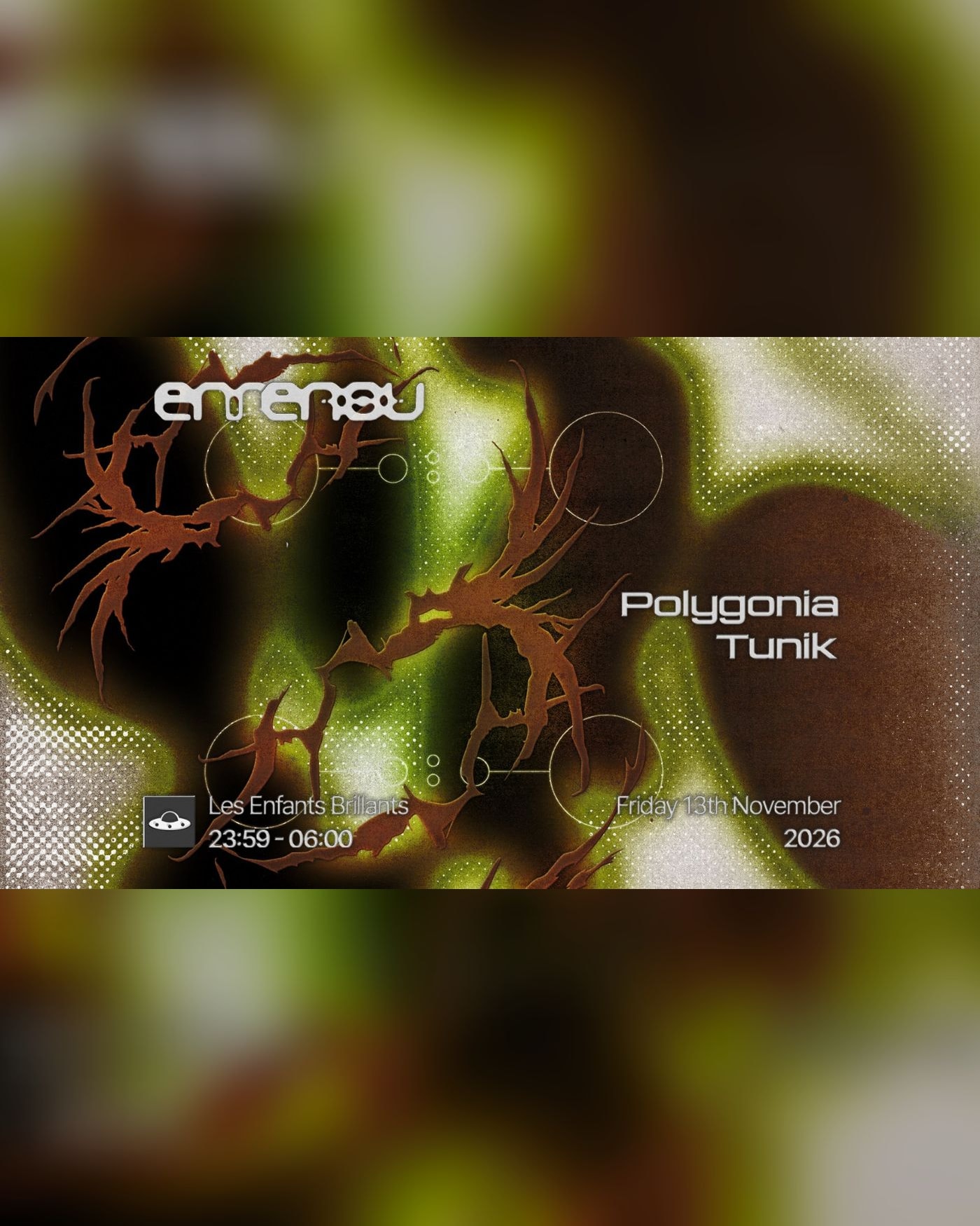Cartel del concierto Enrenou pres. Polygonia + Tunik, Les Enfants Brillants