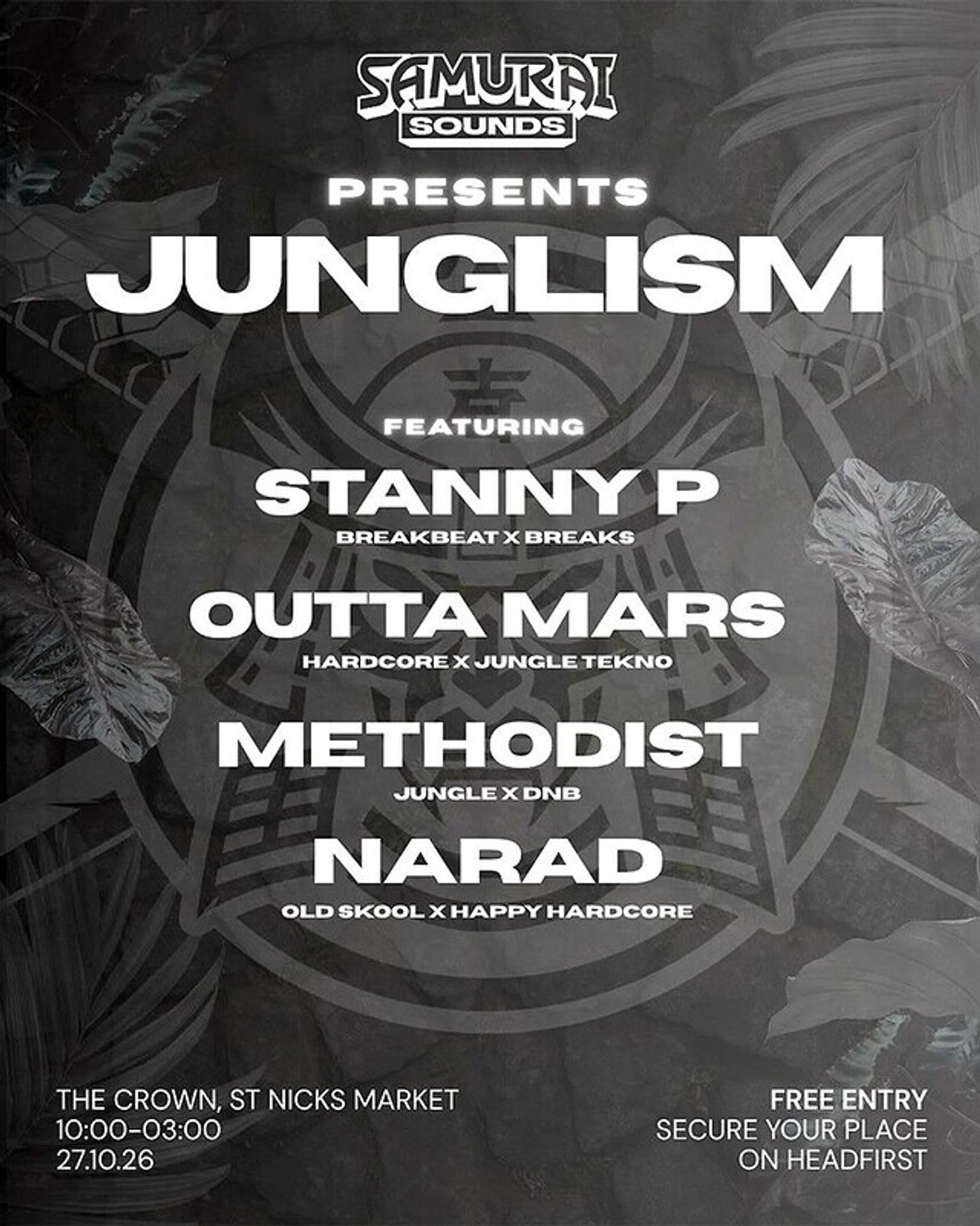 Cartel del concierto Samurai Sounds: Stanny P, Outta Mars, Methodist + Narad, The Crown