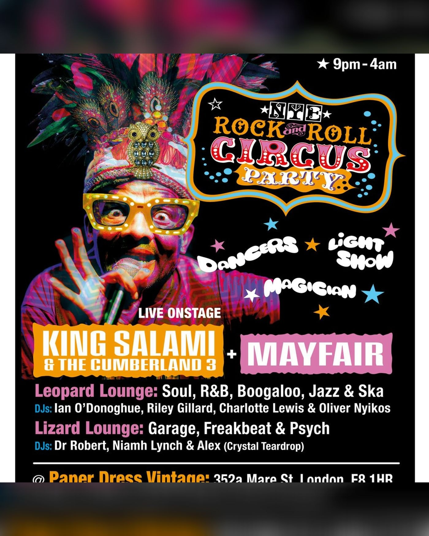 Cartel del concierto NYE Rock & Roll Circus Party, Paper Dress Vintage
