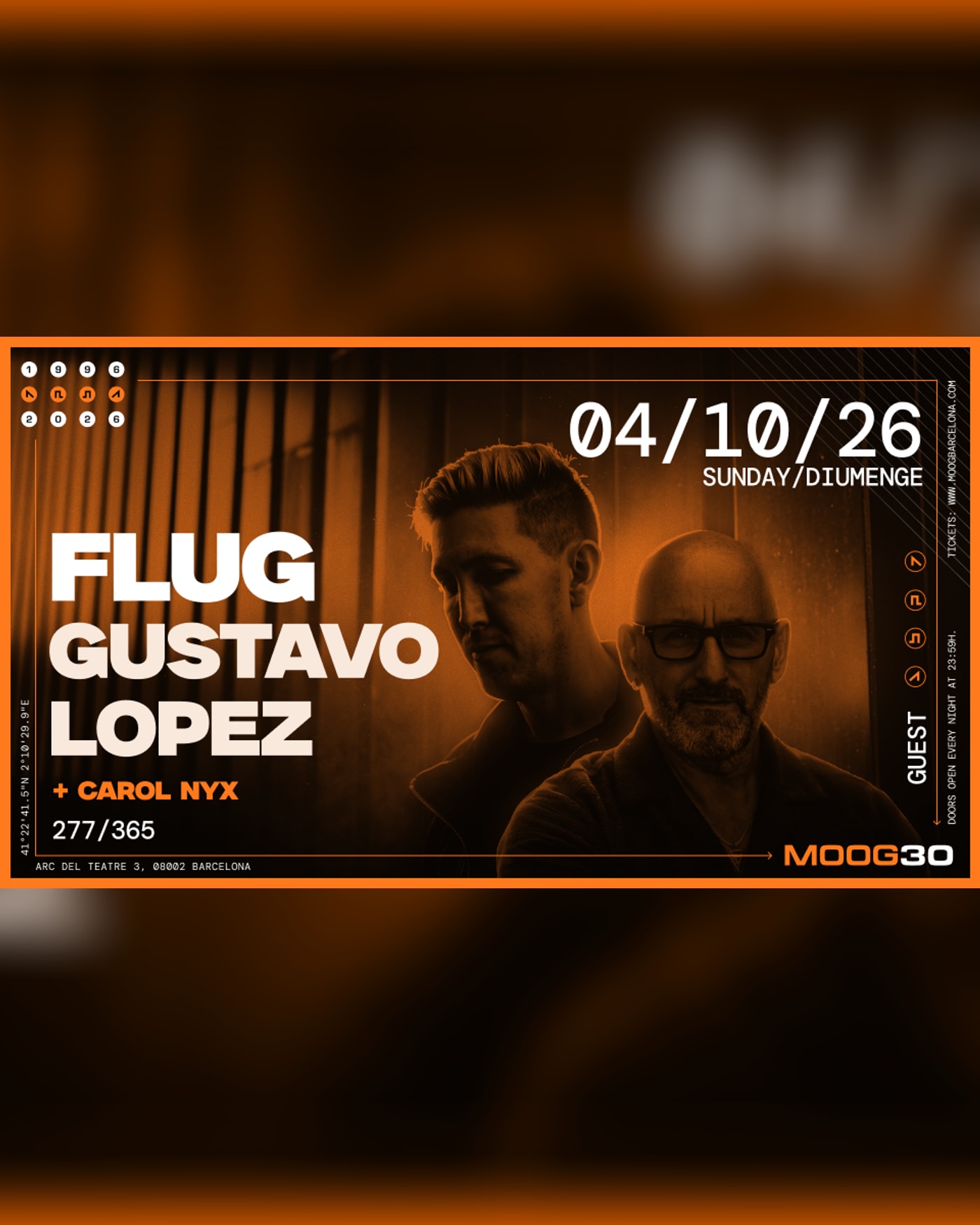 Cartel del concierto Flug + Gustavo Lopez + Carol Nyx, Moog Club