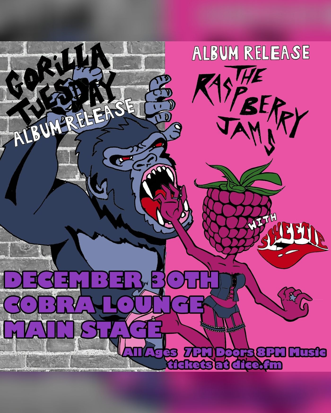 Poster for the concert Gorilla Tuesday / The Raspberry Jams / Sweetie, Cobra Lounge