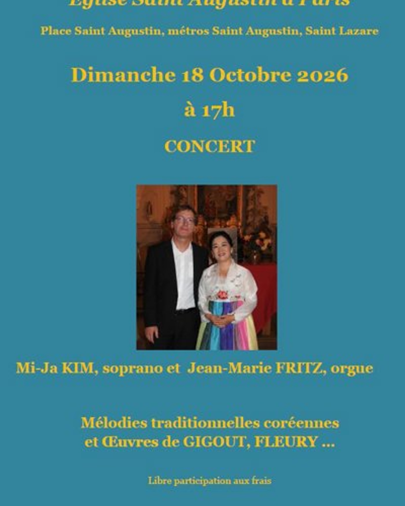 Cartel del concierto Voix et orgue à Saint-Augustin, Eglise Saint-Augustin