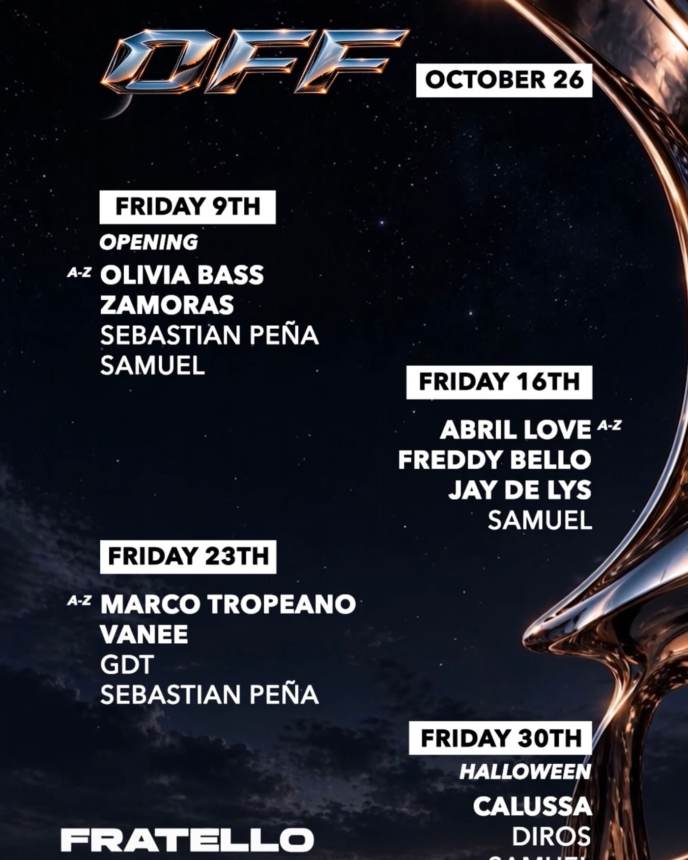 Poster for the concert OFF & FRATELLO pres Calussa [HALLOWEEN] at Nix, NIX Barcelon
