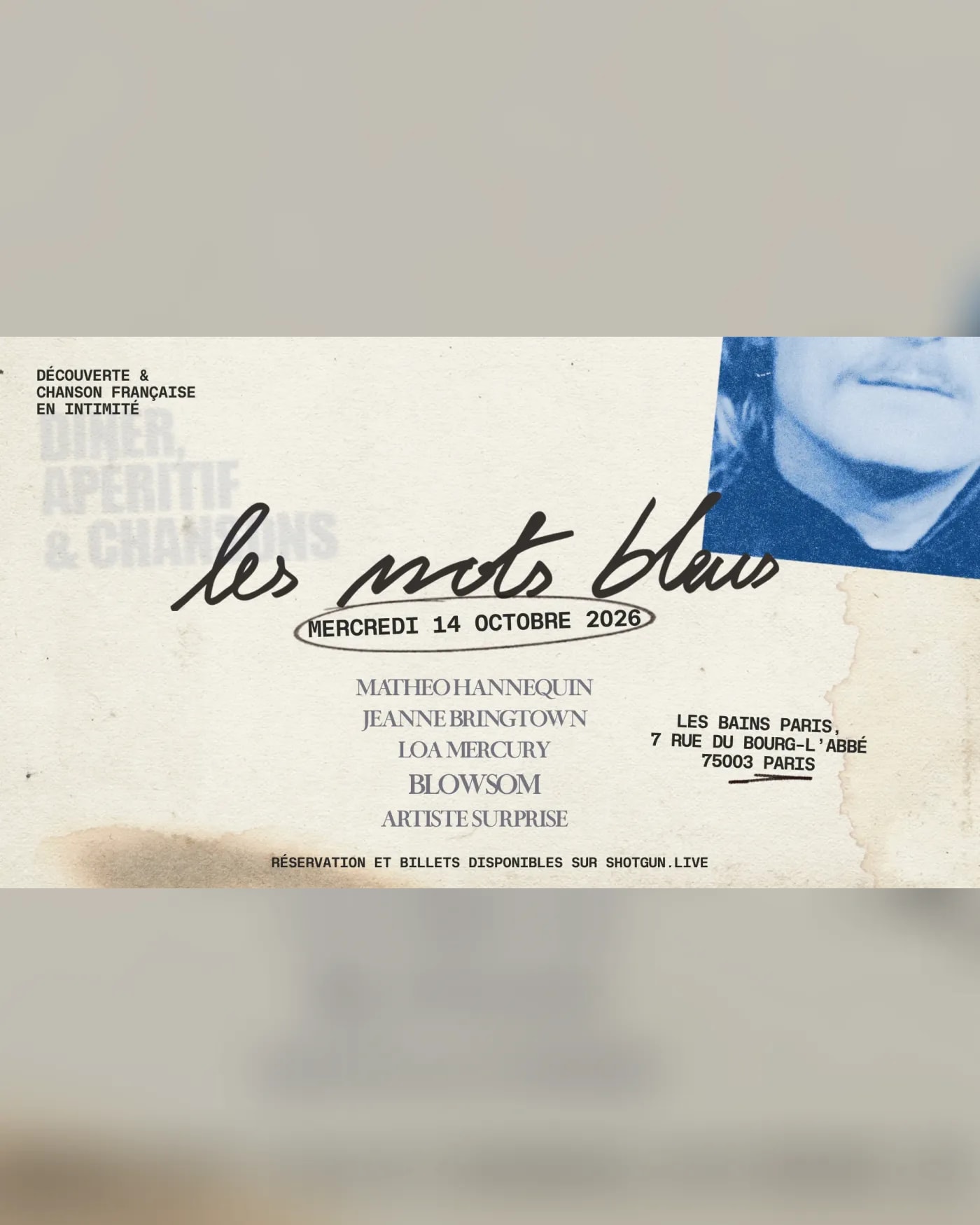 Cartel del concierto [les mots bleus] dîner-concert chanson française, Le Roxo