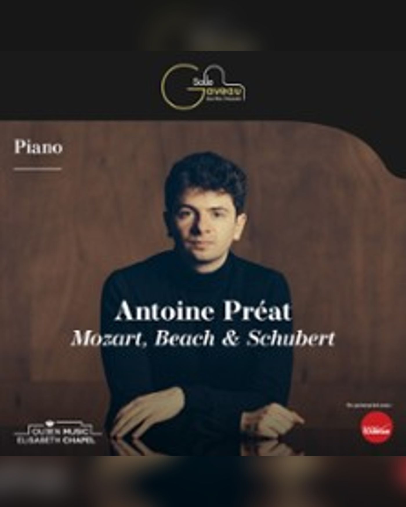 Affiche du concerto Antoine Préat - Piano - Mozart, Beach & Schubert, Salle Gaveau