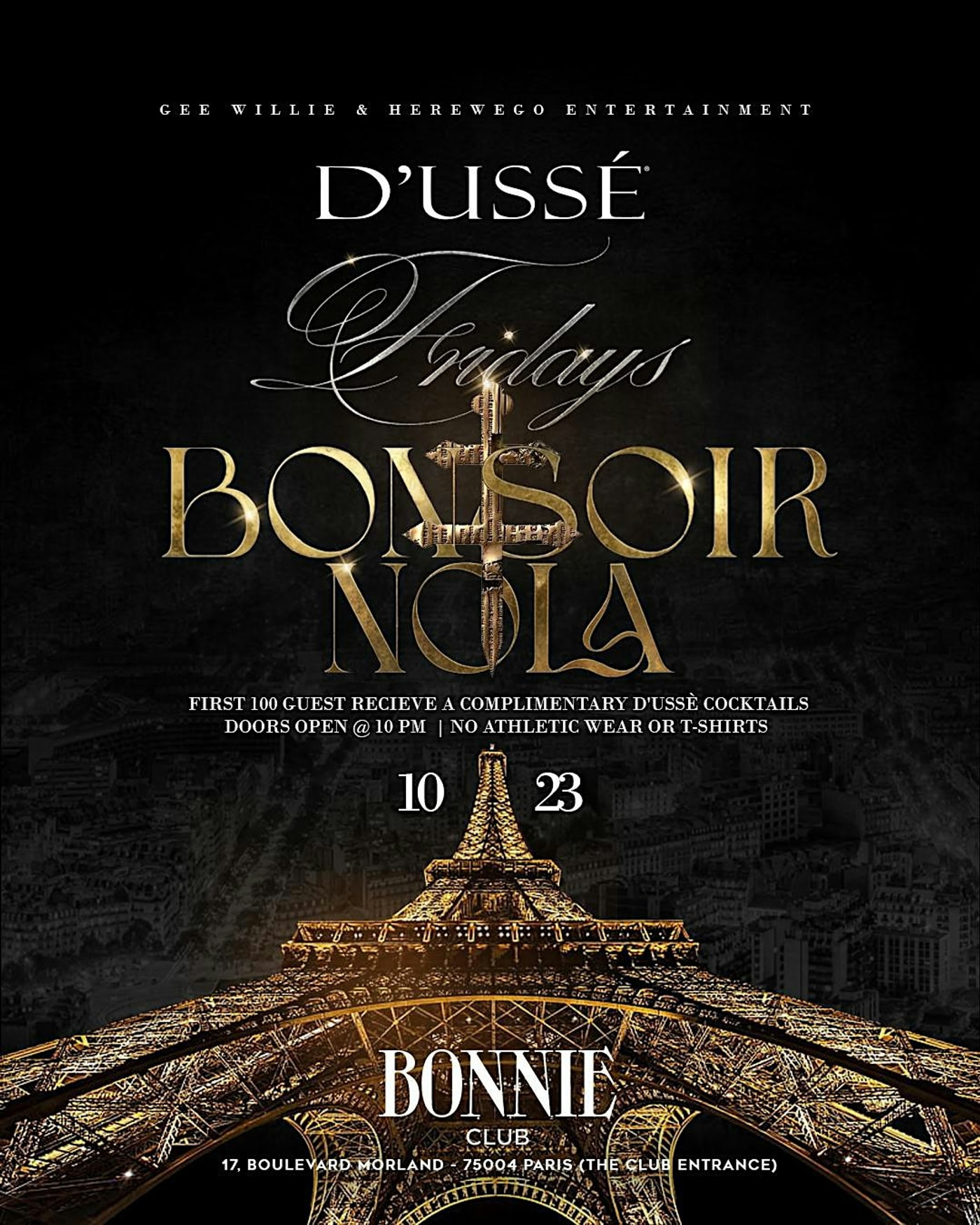 Cartel del concierto D'Ussé Fridays Bonsoir Nola Fri. 10/23 @ Bonnie Paris, Bonnie Club