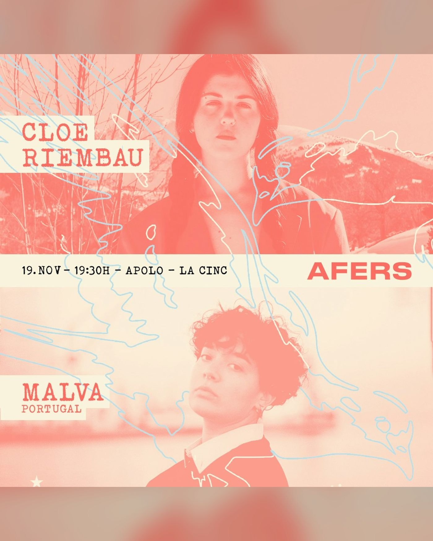 Affiche du concert AFERS: Cloe Riembau + MALVA, Sala Apolo