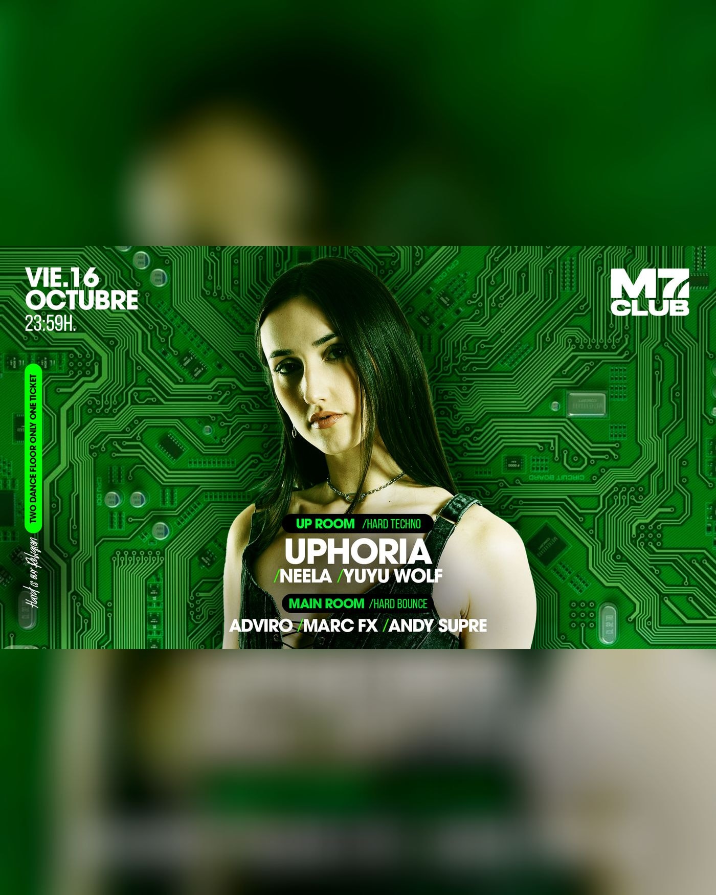 Poster for the concert M7 presenta: uphoria, Neela, Yuyu Wolf, Adviro, Marc Fx, Andy Supre, M7 Club