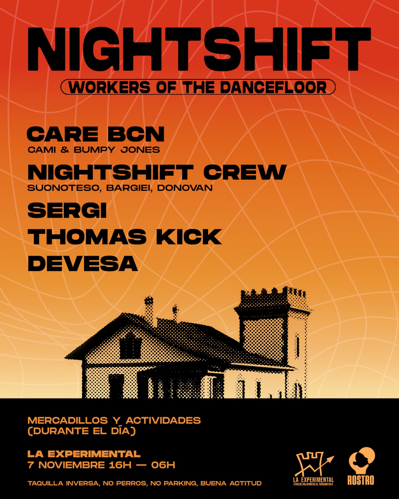 Cartel del concierto Nightshift at La Experimental, Tibidabo Area · dirección tras la reserva
