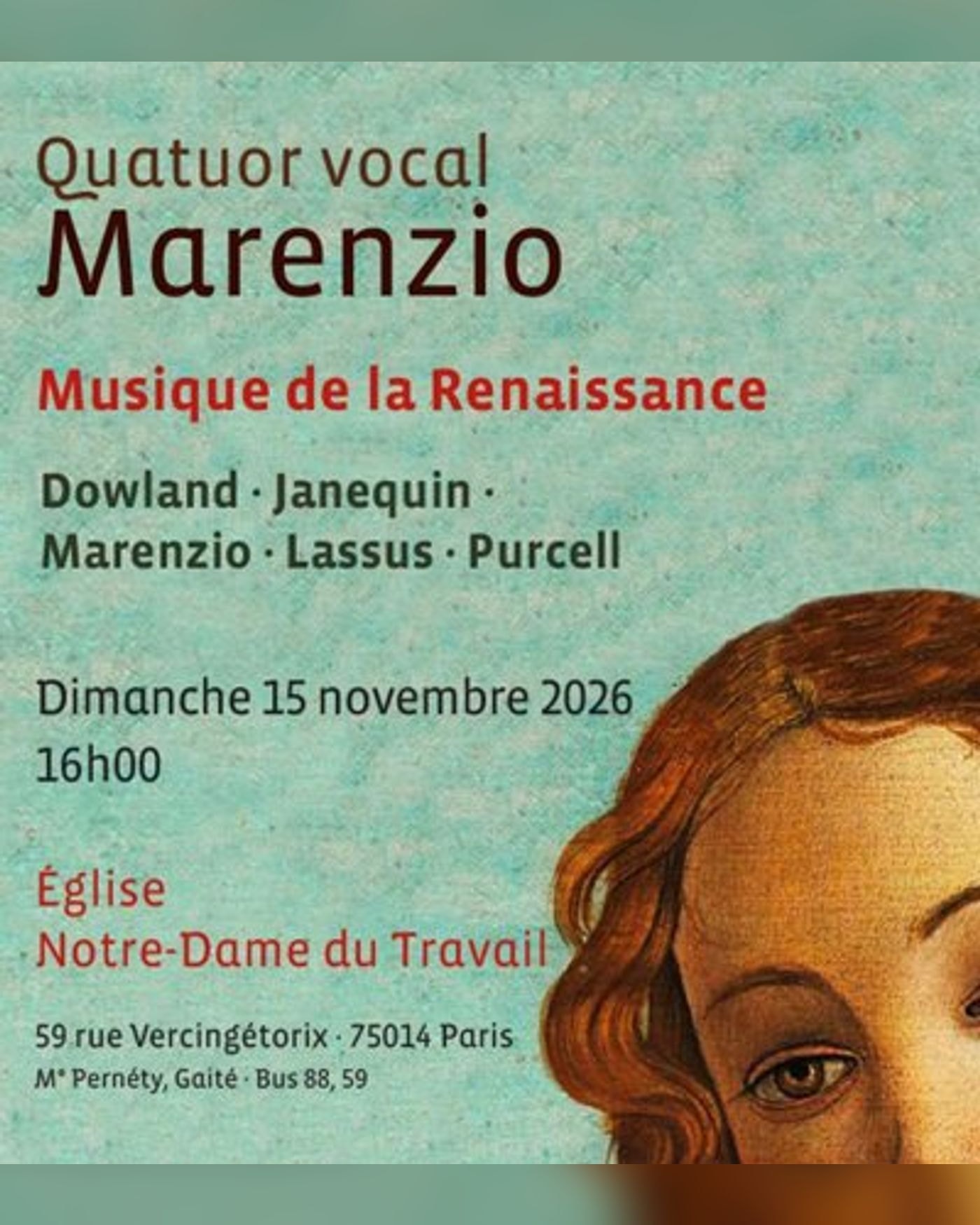 Affiche du concerto Quatuor vocal Marenzio : Spécialiste de la Polyphonie Renaissance, Église Notre Dame du Travail